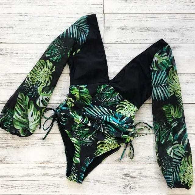 Puff long Sleeve Tropical Cutout Monokini One Piece Swimsuit - CZ21036G1 / L On sale