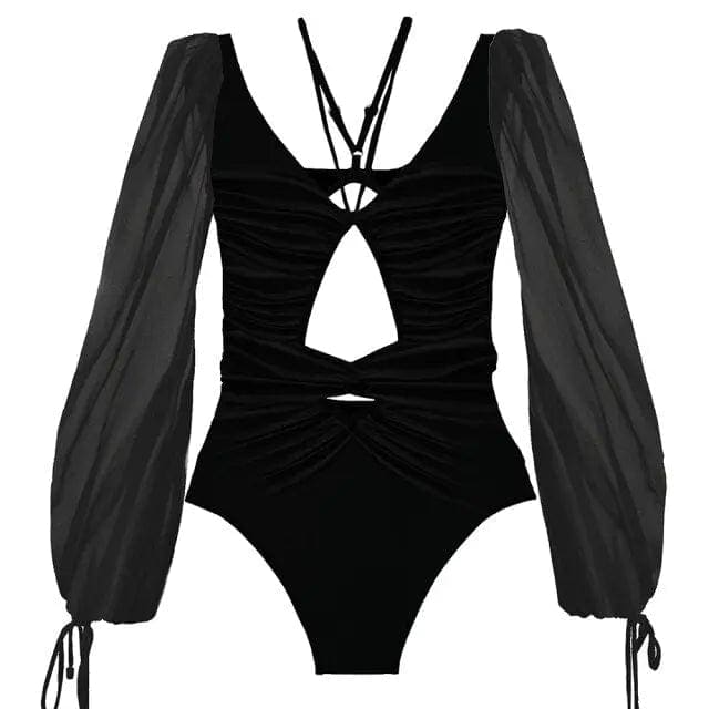Puff long Sleeve Tropical Cutout Monokini One Piece Swimsuit - D1 / XL On sale