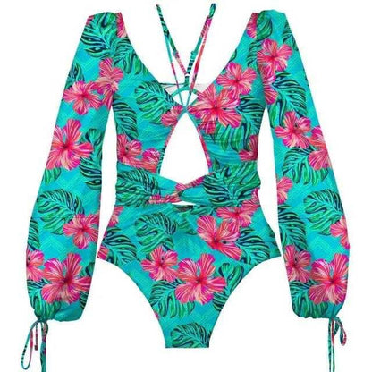 Puff long Sleeve Tropical Cutout Monokini One Piece Swimsuit - PG / XL On sale