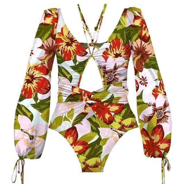 Puff long Sleeve Tropical Cutout Monokini One Piece Swimsuit - R1 / XL On sale
