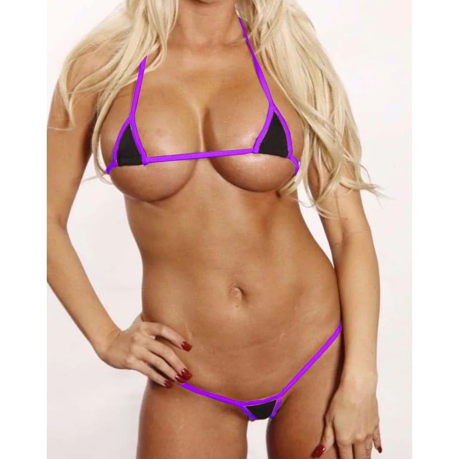Women's micro mini G-string bikini set in black with purple trim, triangle bra & thong