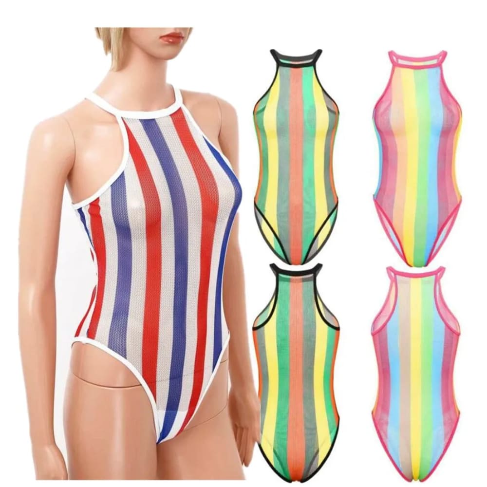Rainbow Striped Fishnet See-Through Mesh Bodysuit - On sale