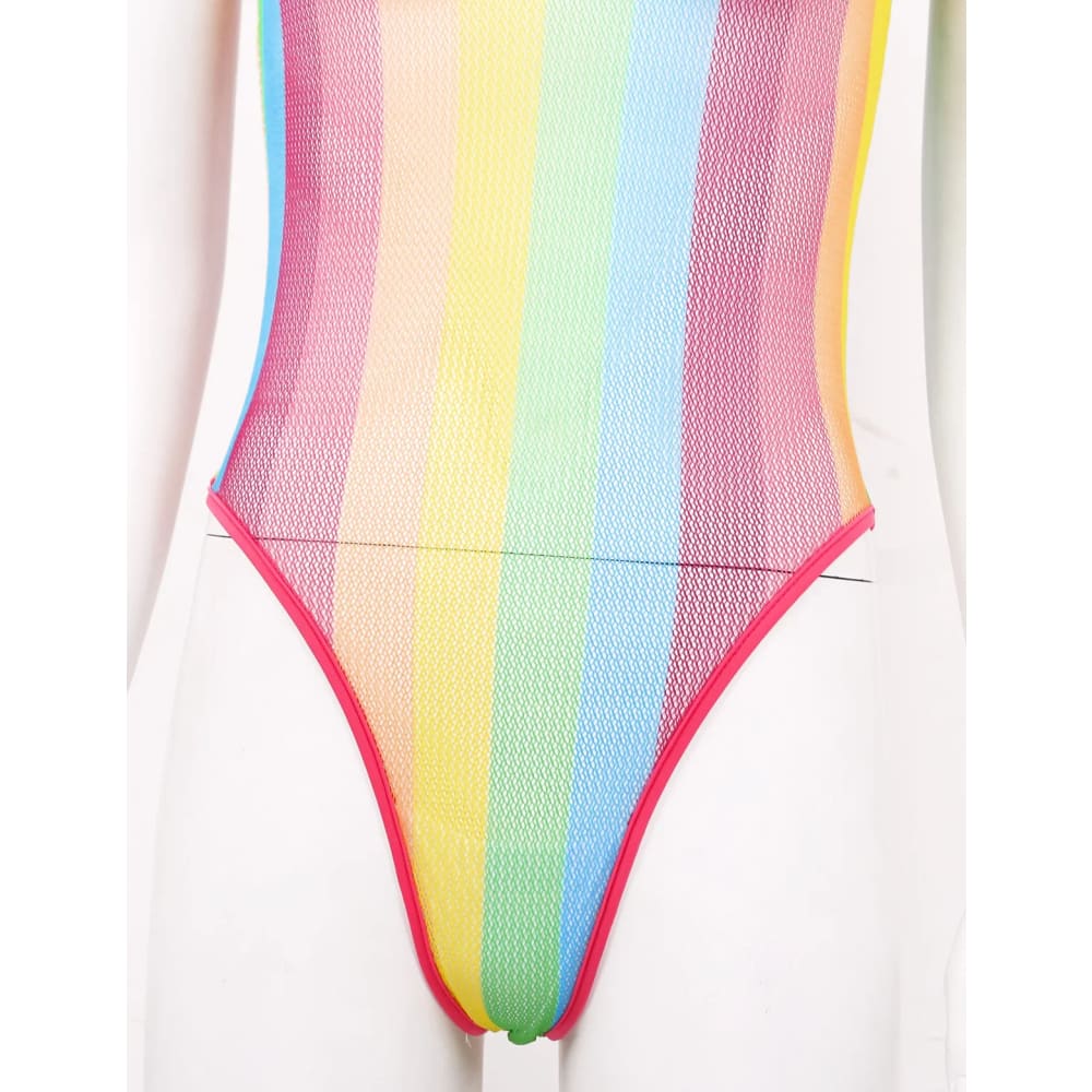 Rainbow Striped Fishnet See-Through Mesh Bodysuit - On sale