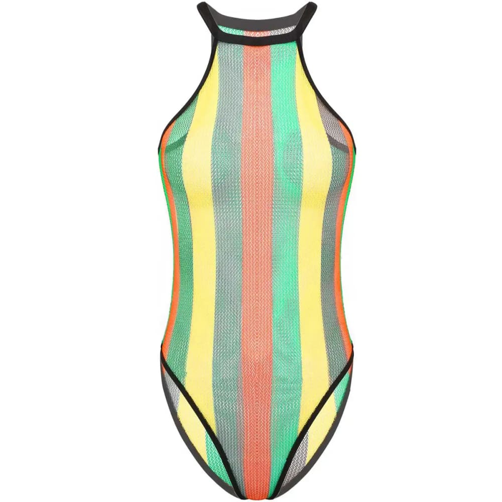 Rainbow Striped Fishnet See-Through Mesh Bodysuit - Black / S On sale