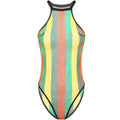 Black-trim rainbow striped mesh bodysuit, high neck, sleeveless one-piece