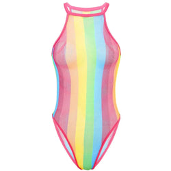 Pink-edged rainbow striped sheer mesh bodysuit, high neck and thong-style bottom