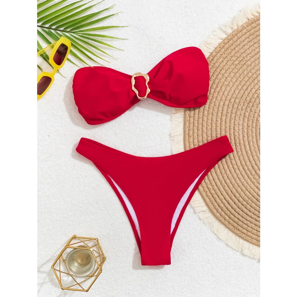 Red bandeau push‑up bikini set with bow top and gold buckle featuring matching high-cut brazilian thong bottoms