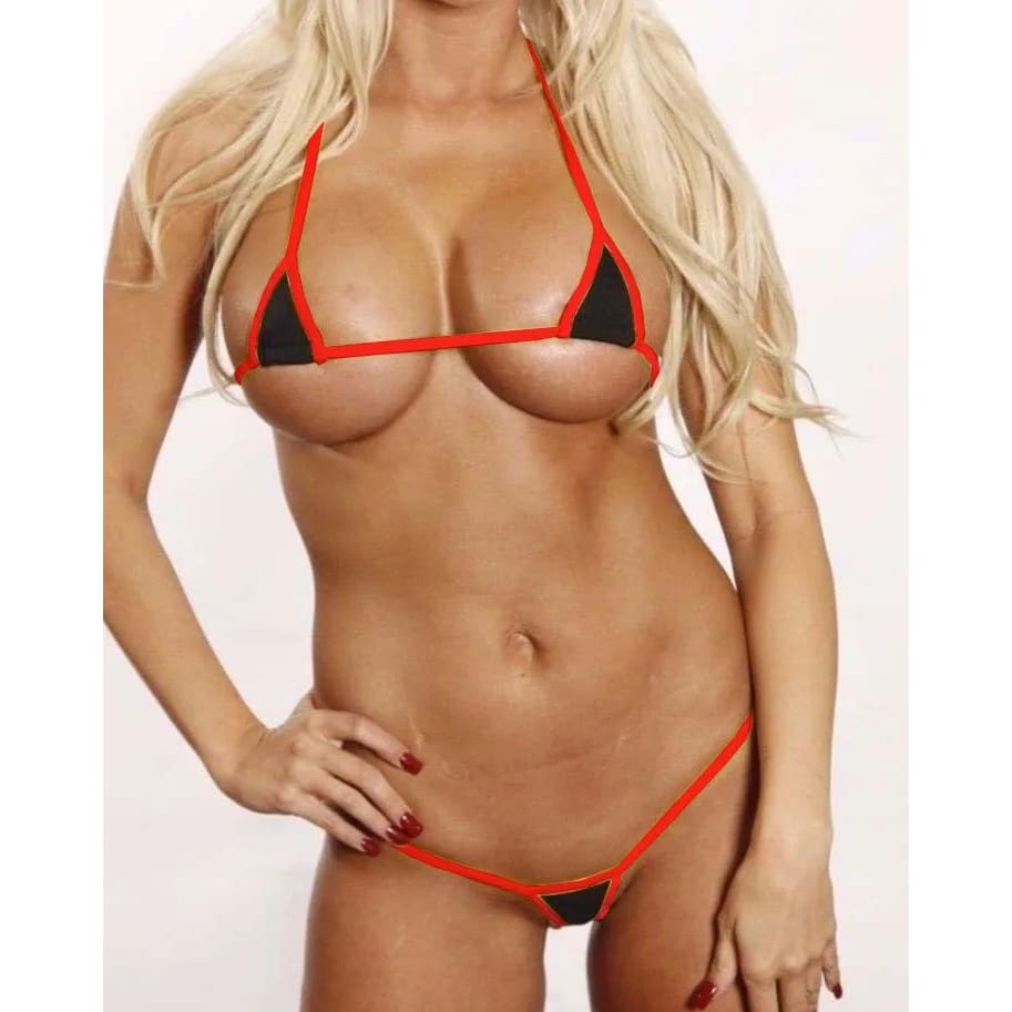 Women's micro mini G-string bikini set in black with red trim, triangle bra & thong