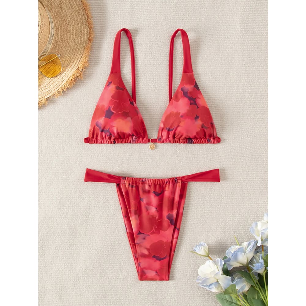 Red floral print triangle push up bikini set with ruched edges and matching brazilian bottoms