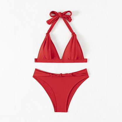 Red Halter Knotted Brazilian Bikini Swimsuit - On sale