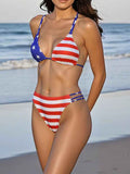 Womens casual two-piece swimwear featuring a red white and blue american flag print with stripes and stars