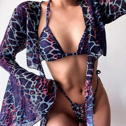 Retro Cover Up Triangle Brazilian Three Piece Swimsuit - Multicolor / S On sale