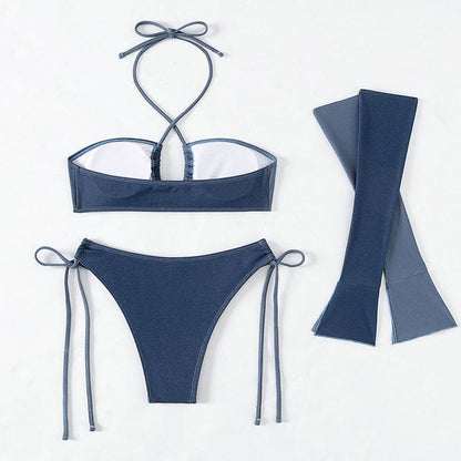Retro Split Glove Velvet Halter Bikini Four Piece Swimsuit - On sale