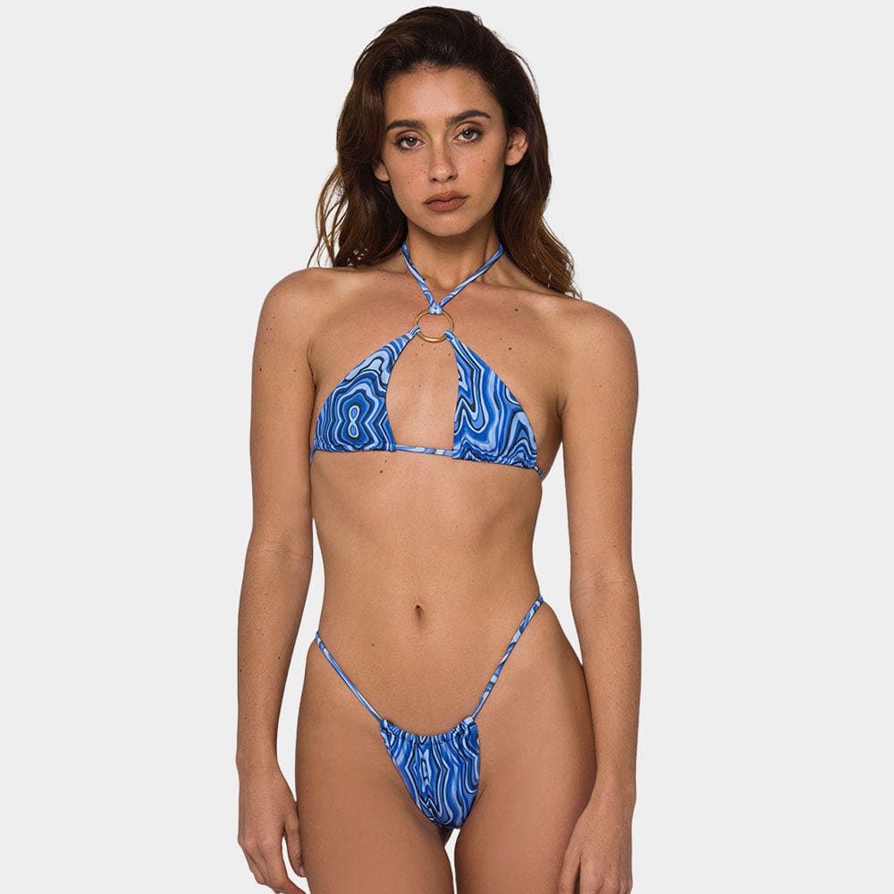Retro String Cheeky Brazilian Bikini – Metallic Ring Halter Tie - Blue / S On sale
