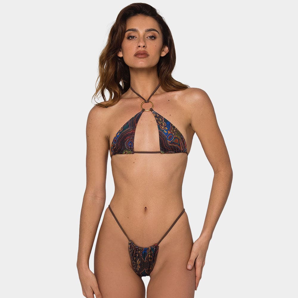 Retro String Cheeky Brazilian Bikini – Metallic Ring Halter Tie - Brown / S On sale