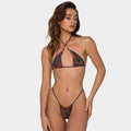 Metallic ring halter string bikini, multicolor print, Brazilian cheeky bottoms