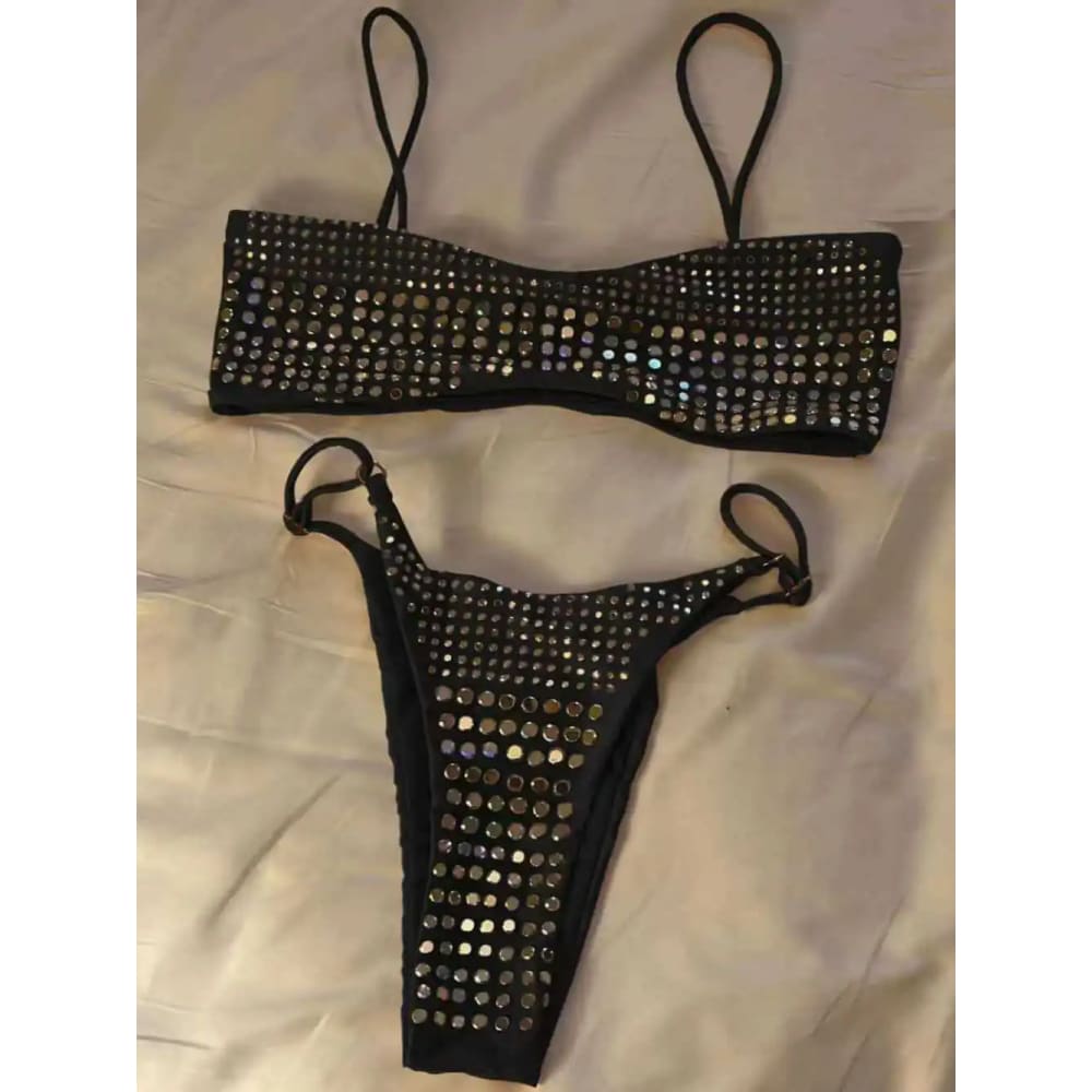 Rhinestone Deep V Thong Bikini Set for Women - Black / S On sale