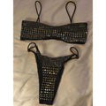 Black studded rhinestone bikini set: bandeau top and thong bottoms, front view
