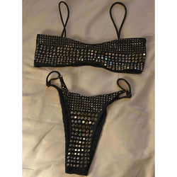 Black studded rhinestone bikini set: bandeau top and thong bottoms, front view