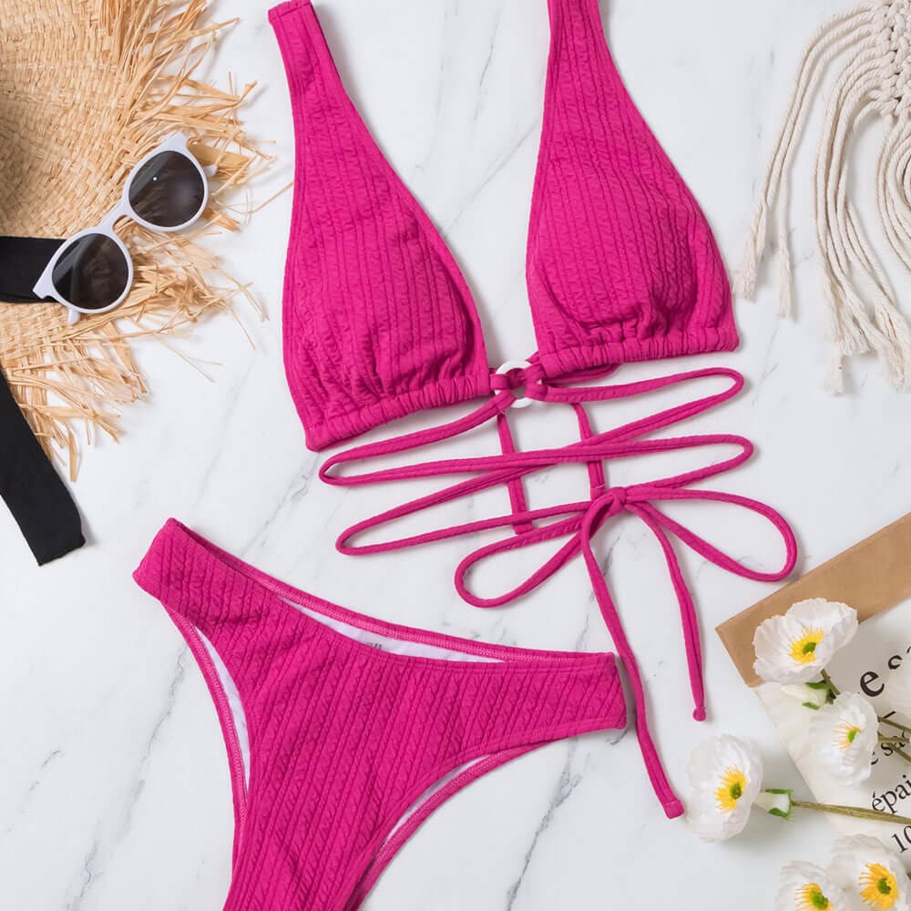 Ribbed High Cut O Ring Wrap Brazilian Bikini Swimsuit - On sale