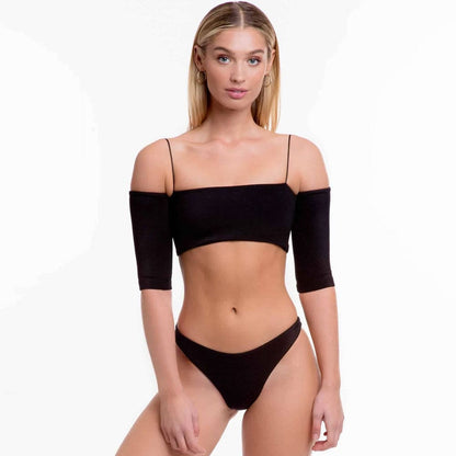 Ribbed High Cut Sleeved Off Shoulder Brazilian Bikini - On sale