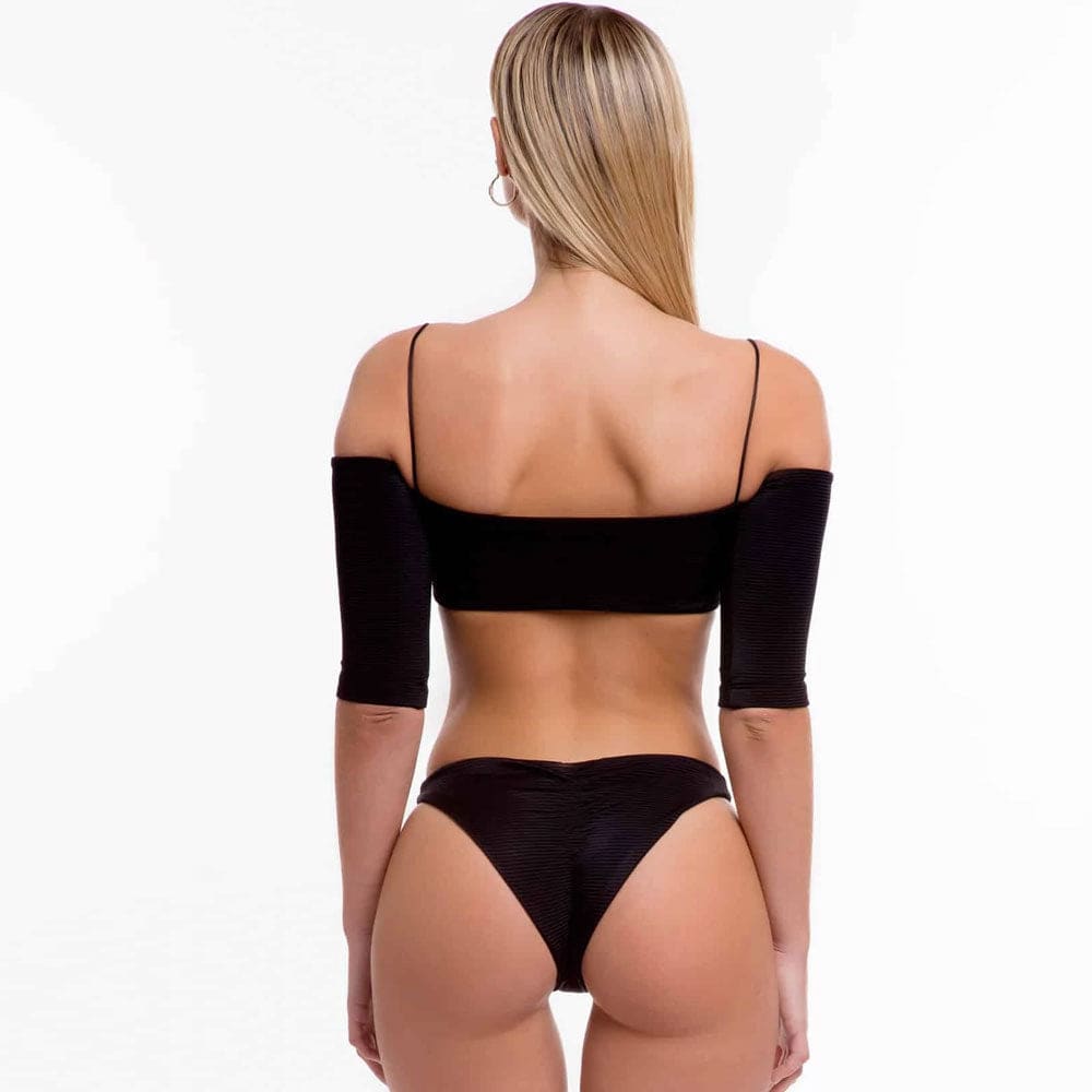 Ribbed High Cut Sleeved Off Shoulder Brazilian Bikini - On sale
