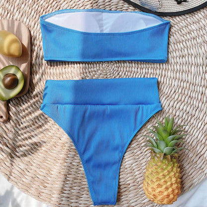 Ribbed Knit High Waist Cut Bandeau Brazilian Bikini - On sale