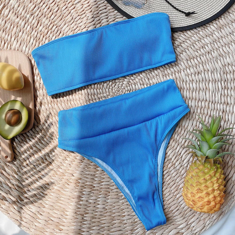 Ribbed Knit High Waist Cut Bandeau Brazilian Bikini - On sale