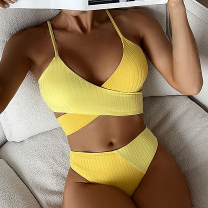 Ribbed Patchwork High Waist Ruched Butt Bikini Swimsuit - On sale
