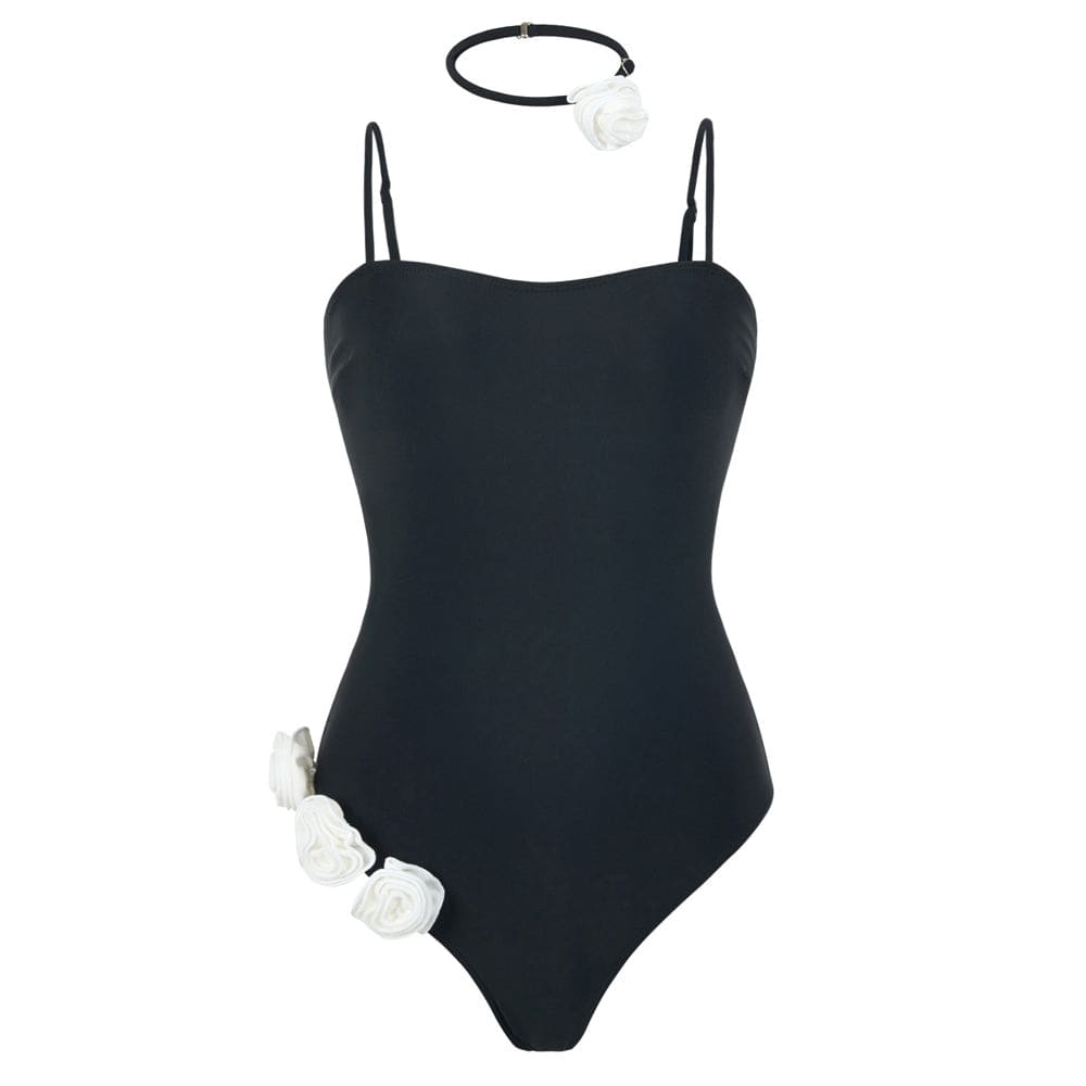 Romantic Rosette Choker Square-Neck One Piece Swimsuit - On sale