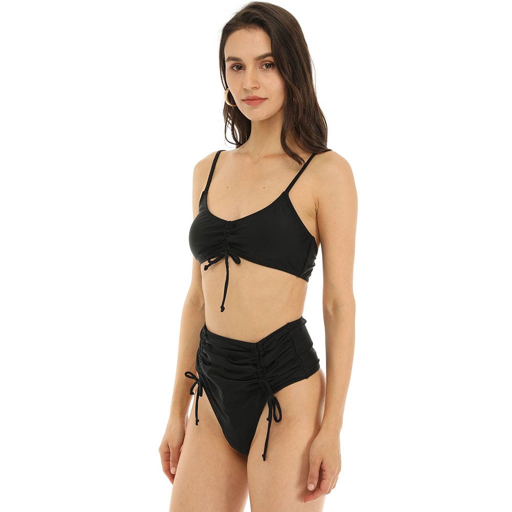 Ruched Drawstring High Waist Thong Brazilian Bikini - On sale