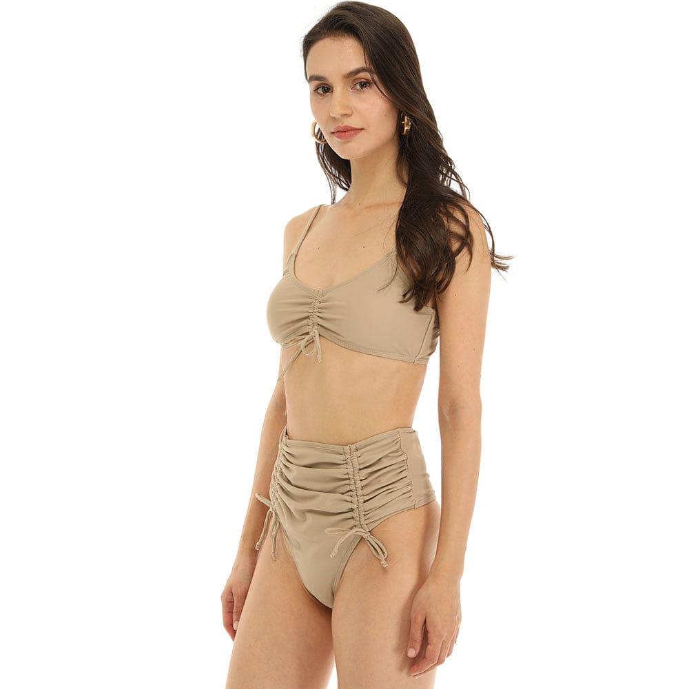 Ruched Drawstring High Waist Thong Brazilian Bikini - On sale
