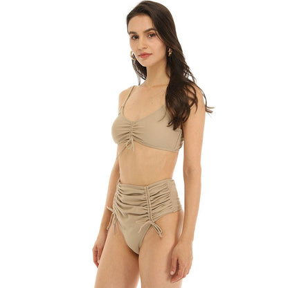 Ruched Drawstring High Waist Thong Brazilian Bikini - On sale