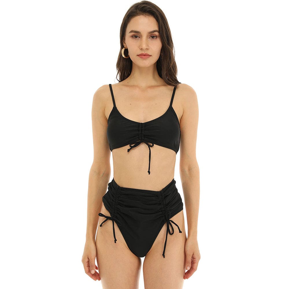 Ruched Drawstring High Waist Thong Brazilian Bikini - Black / S On sale