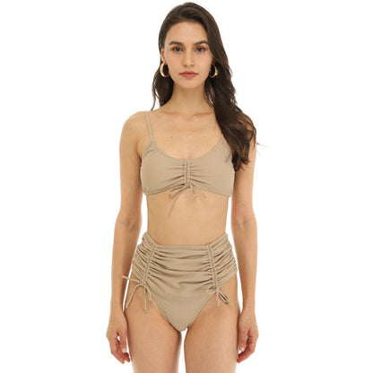 Ruched Drawstring High Waist Thong Brazilian Bikini - Khaki / S On sale