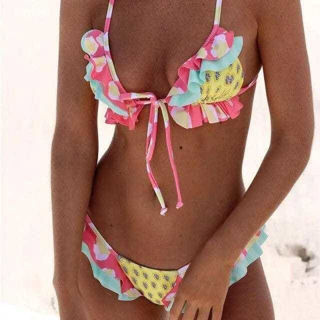 Ruffle Sliding Triangle Low Rise Cheeky Brazilian Bikini Swimsuit - BK117PK / XL On sale