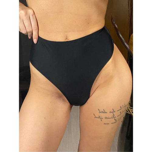 Black high-waist bikini bottom, smooth front, Brazilian cut with moderate rear coverage