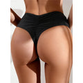 On-body: black scrunch butt bikini bottom, high waist and back coverage