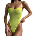 Fluorescent yellow see-through mesh thong monokini, high-cut front