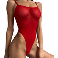 Red see-through mesh high-cut thong monokini, minimal coverage and thin straps