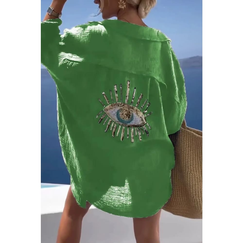 Sequin Evil Eye Cotton Shirt – Long Sleeve Summer Blouse On sale