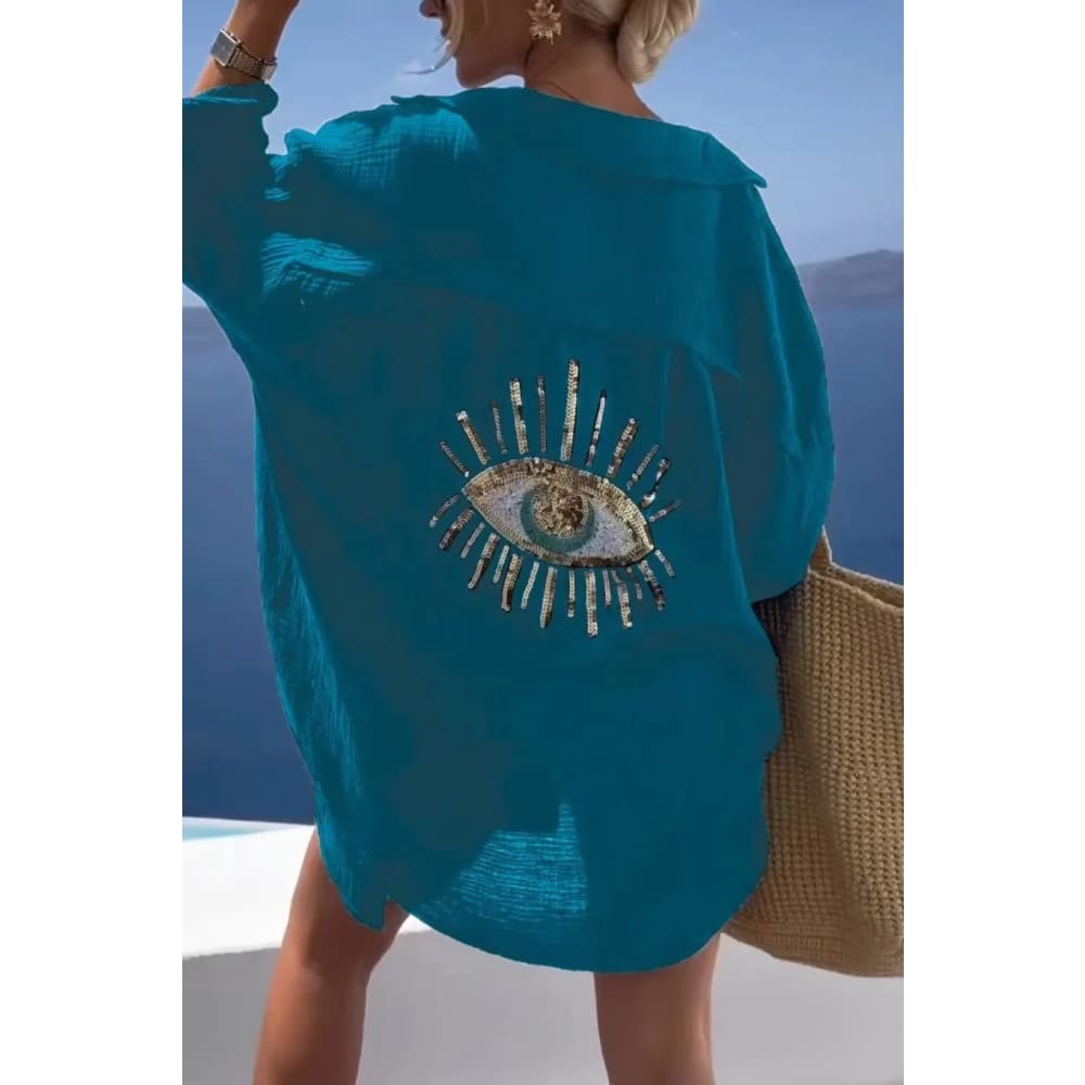 Sequin Evil Eye Cotton Shirt – Long Sleeve Summer Blouse On sale