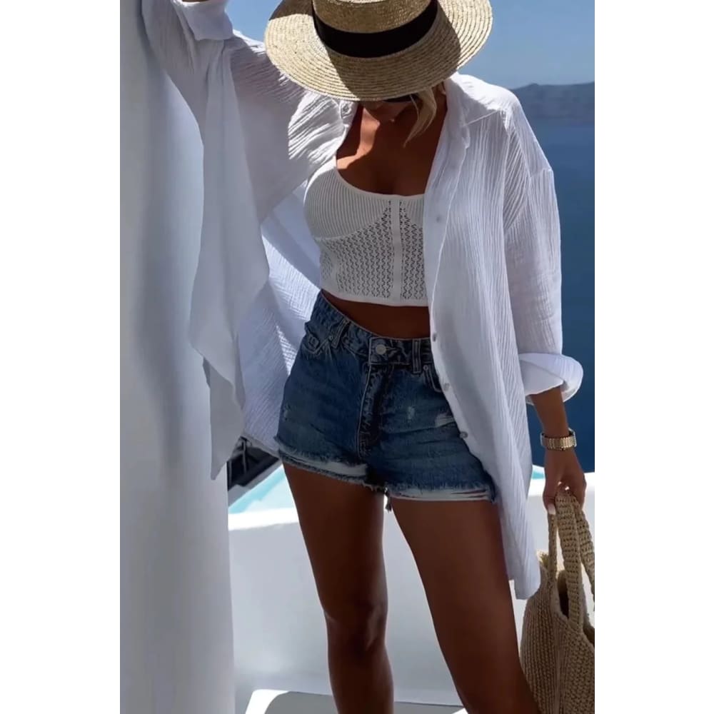 Sequin Evil Eye Cotton Shirt – Long Sleeve Summer Blouse On sale