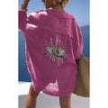 Rose red cotton shirt with sequin evil-eye motif on back, loose long sleeves