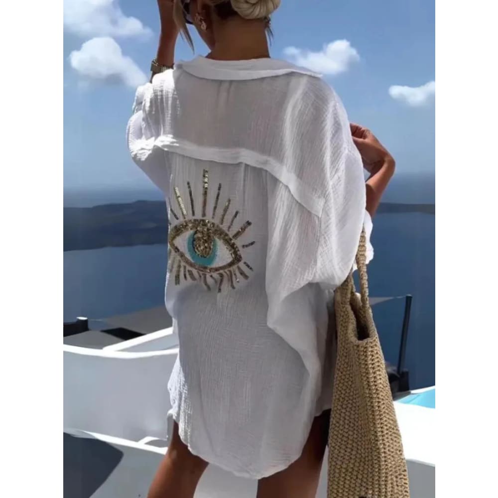 Sequin Evil Eye Cotton Shirt – Long Sleeve Summer Blouse white / XL On sale