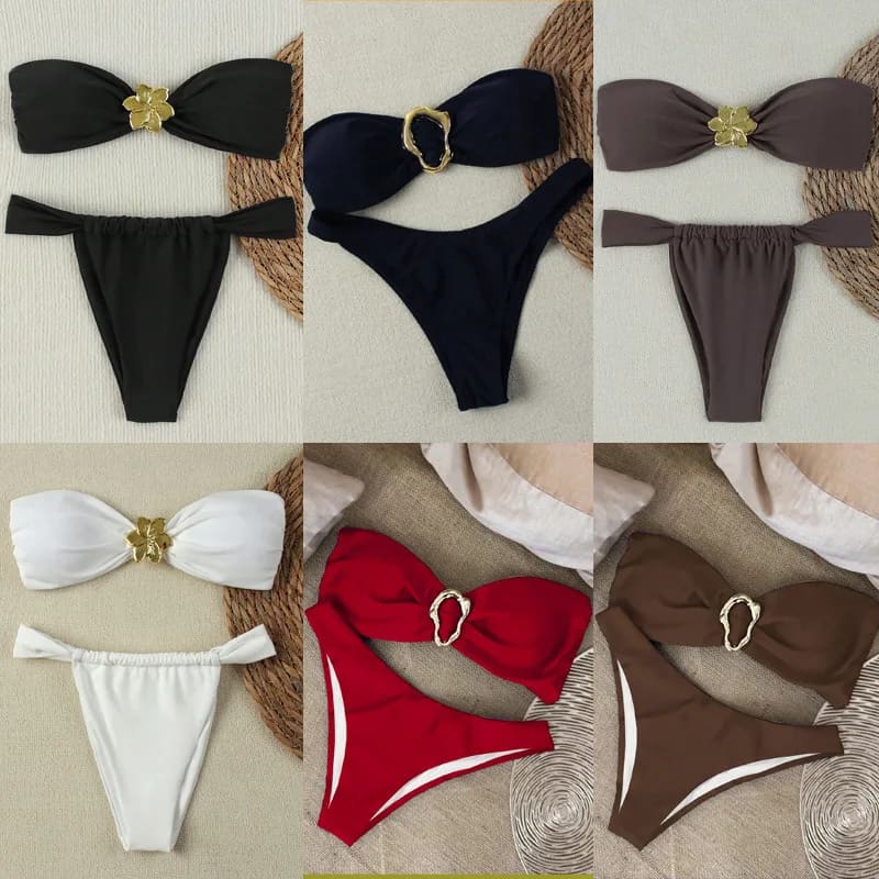 Bandeau push up brazilian thong bikini set for women in black navy blue brown white red and dark chocolate brown with gold buckle