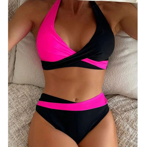 Two-tone Brazilian bikini set: hot pink triangle top with black trim, high-waist bottoms