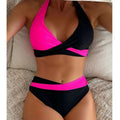 Two-tone Brazilian bikini set: hot pink triangle top with black trim, matching high-waist briefs