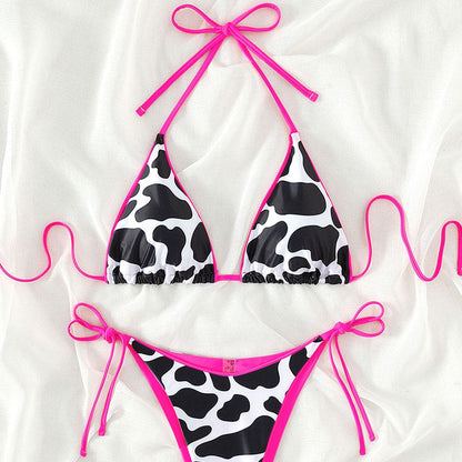 Sexy Contrast Tie String Cow Print Triangle Bikini - On sale