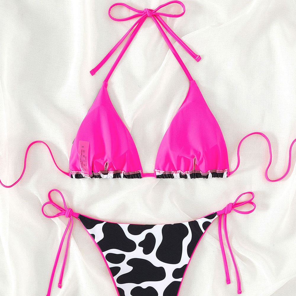 Sexy Contrast Tie String Cow Print Triangle Bikini - On sale